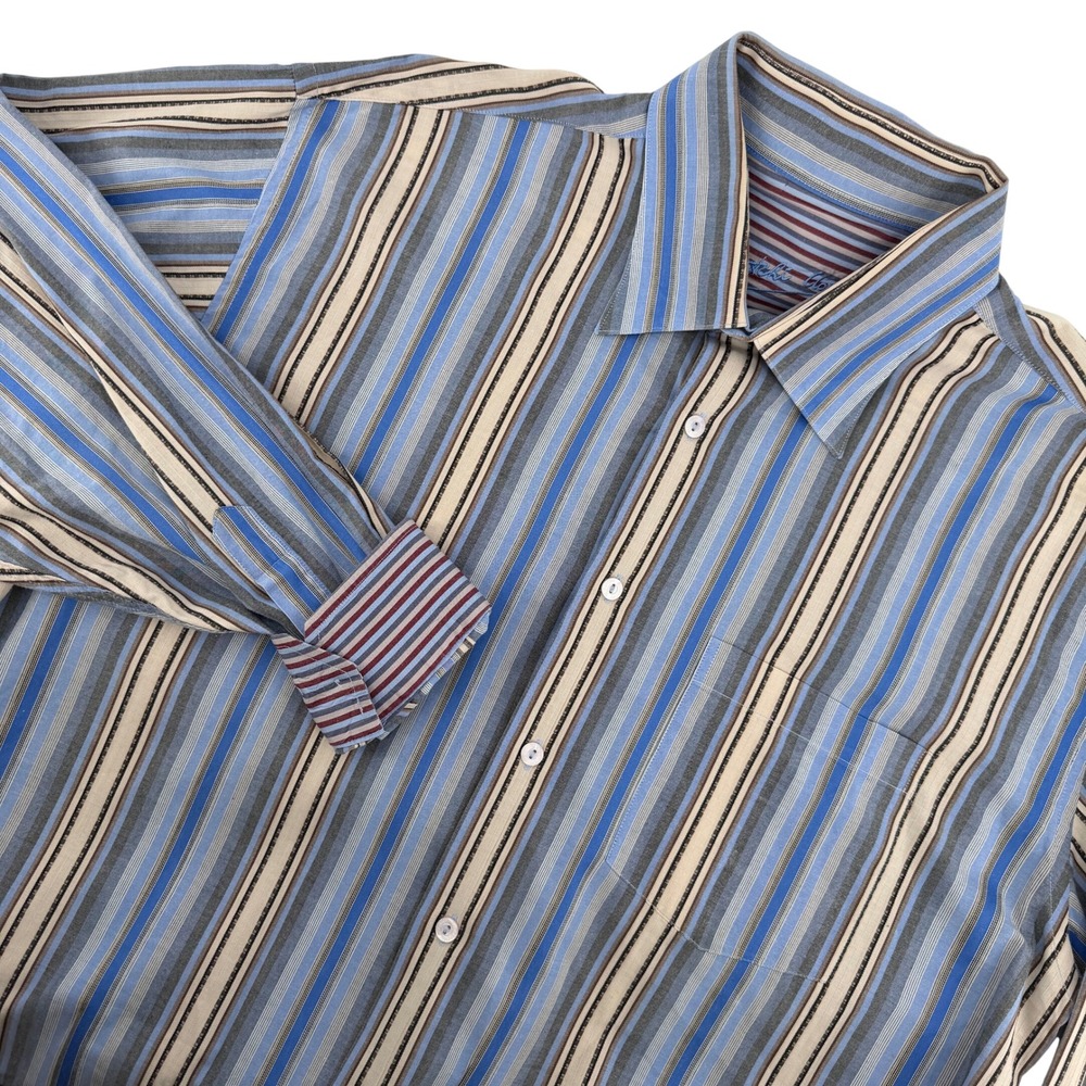 Bugatchi Uomo Button Down Shirt Mens Large Blue Tan Striped Long Sleeve Pocket
